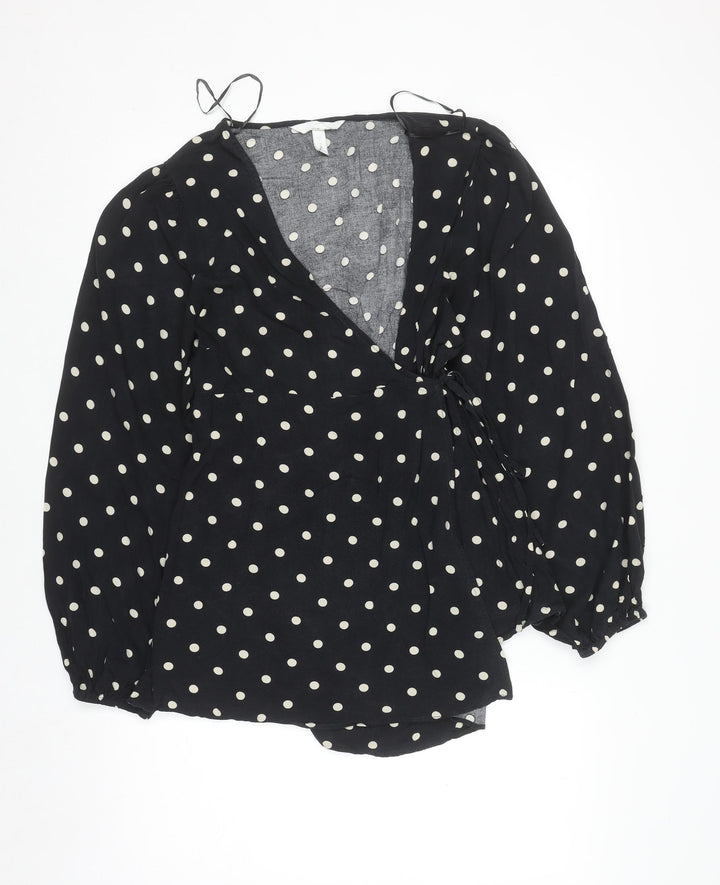 H&M Women’s Black Polka Dot Wrap Blouse Size M Long Sleeve V-Neck
