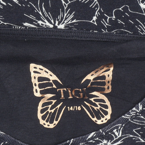 Tigi-Wear Women's Blue Floral Cotton T-Shirt Size 14
