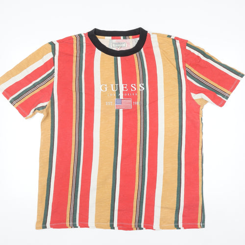 Guess Men's Multicoloured Striped Crew Neck Cotton T-Shirt Size L