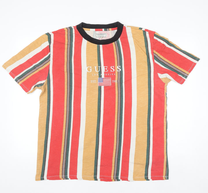Guess Men's Multicoloured Striped Crew Neck Cotton T-Shirt Size L