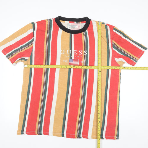 Guess Men's Multicoloured Striped Crew Neck Cotton T-Shirt Size L