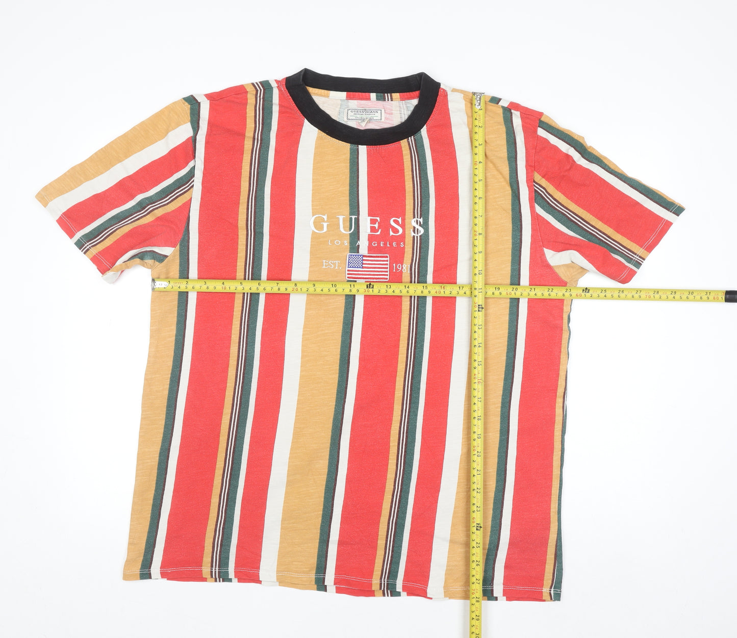 Guess Men's Multicoloured Striped Crew Neck Cotton T-Shirt Size L