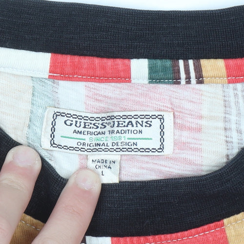 Guess Men's Multicoloured Striped Crew Neck Cotton T-Shirt Size L