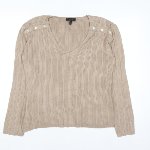 Lipsy Women Beige V-Neck Button Shoulder Long Sleeve Jumper Size 14