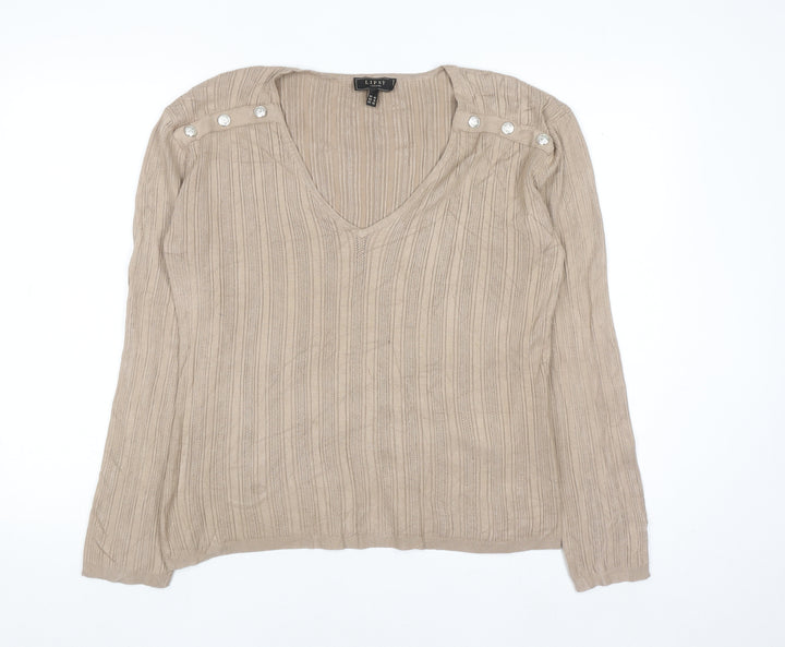 Lipsy Women Beige V-Neck Button Shoulder Long Sleeve Jumper Size 14