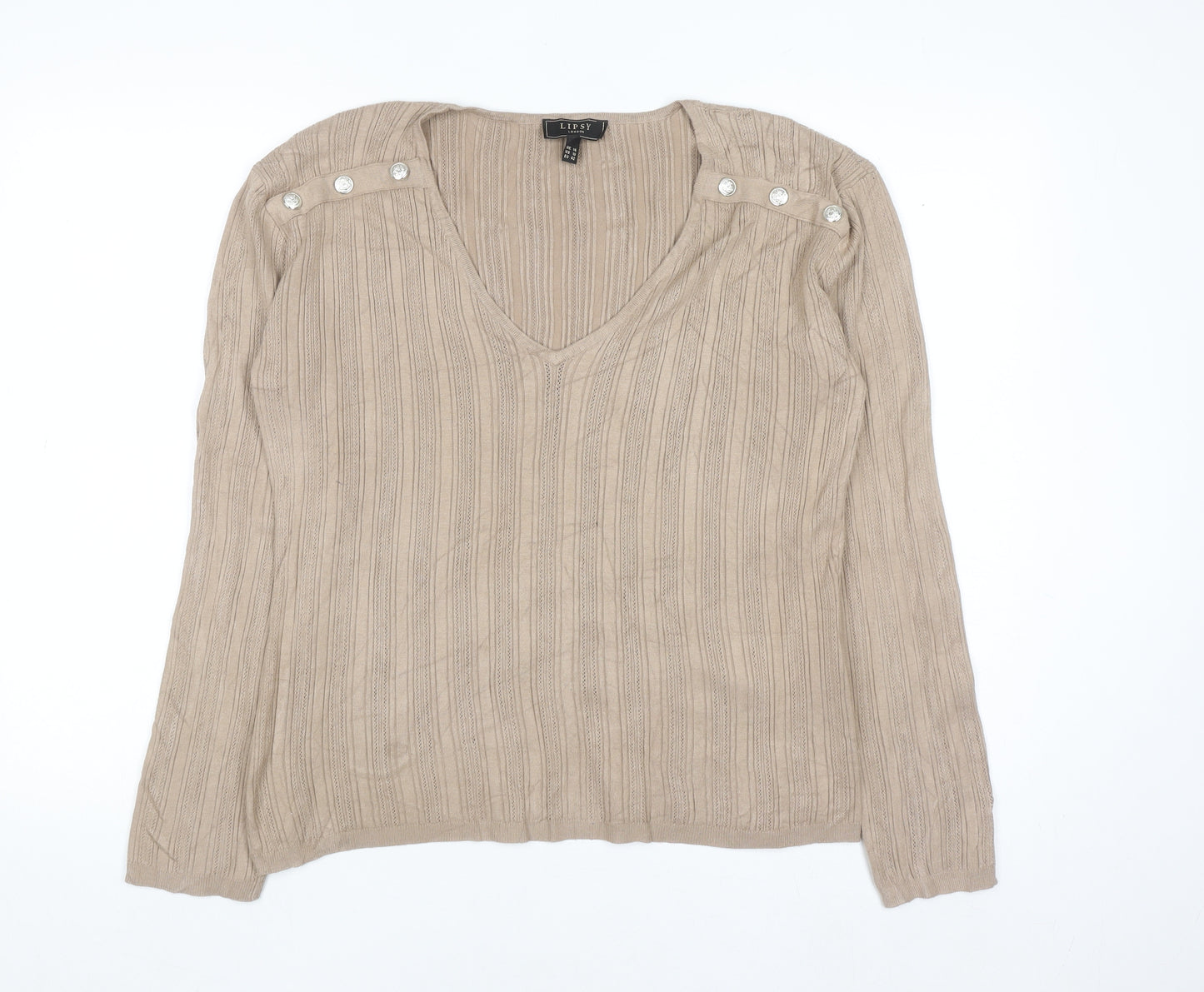 Lipsy Women Beige V-Neck Button Shoulder Long Sleeve Jumper Size 14