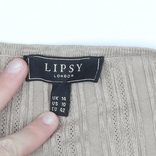 Lipsy Women Beige V-Neck Button Shoulder Long Sleeve Jumper Size 14