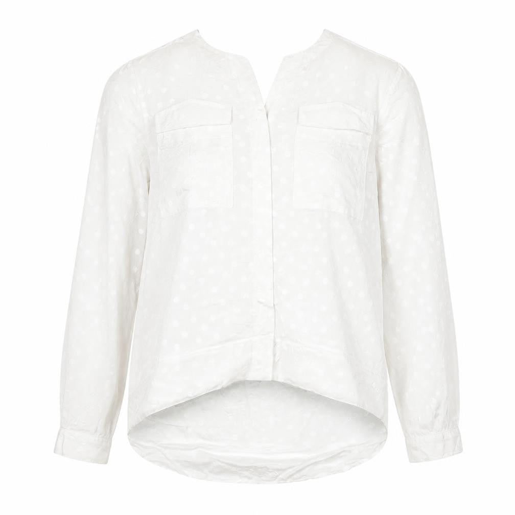 Front view of Only Women's White Polka Dot Long Sleeve Chiffon Blouse, size 10