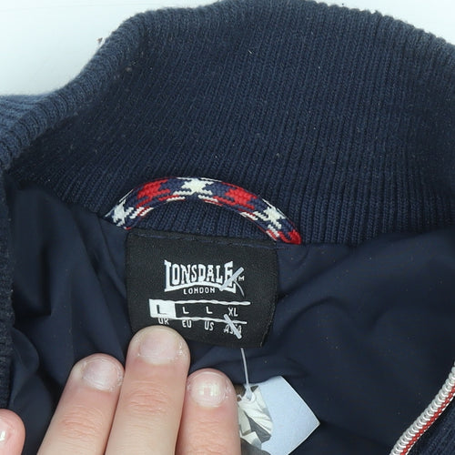 Lonsdale Men Blue Quilted Bomber Jacket Size L Full Zip Polyester