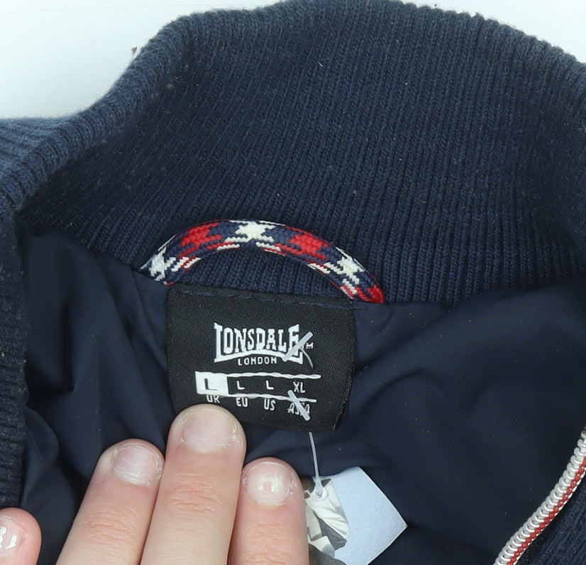 Lonsdale Men Blue Quilted Bomber Jacket Size L Full Zip Polyester
