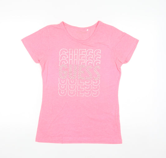 Guess Womens Pink Rhinestone Logo Slim Fit T-Shirt Size M