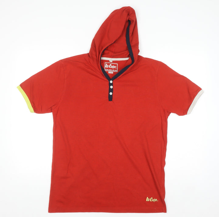 Lee Cooper Men's Red Hooded Henley Short Sleeve Casual Top Size M