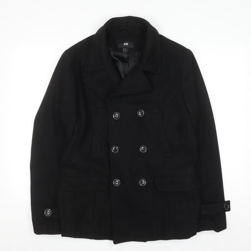H&M Men's Black Wool Blend Pea Coat Size L 38R Double Breasted Jacket