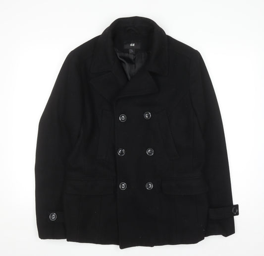 H&M Men's Black Wool Blend Pea Coat Size L 38R Double Breasted Jacket