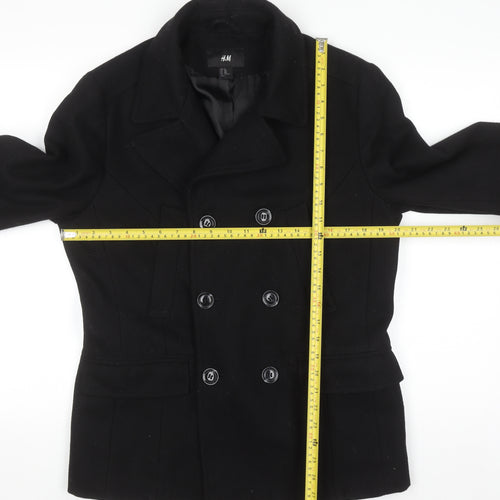 H&M Men's Black Wool Blend Pea Coat Size L 38R Double Breasted Jacket