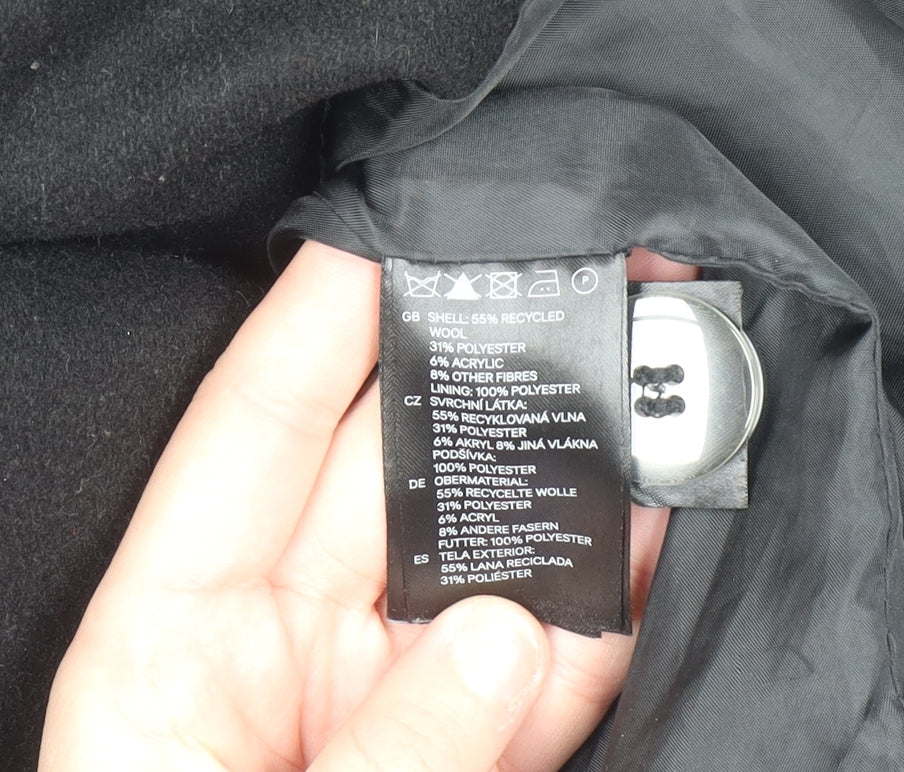 H&M Men's Black Wool Blend Pea Coat Size L 38R Double Breasted Jacket