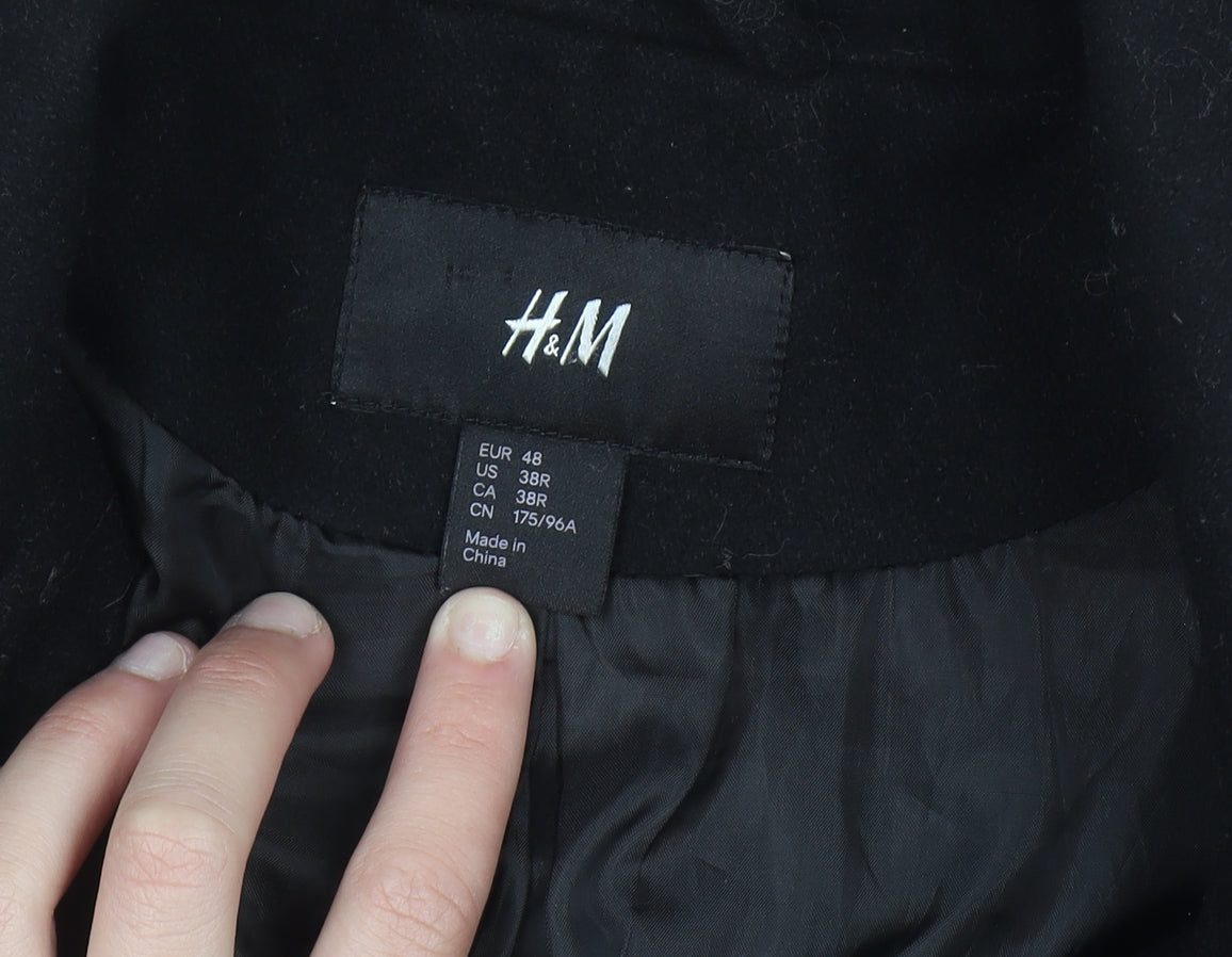 H&M Men's Black Wool Blend Pea Coat Size L 38R Double Breasted Jacket