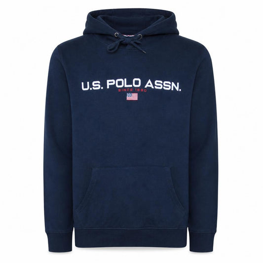 Front view of U.S. Polo Assn. Men's Blue Pullover Hoodie L Logo Graphic Cotton