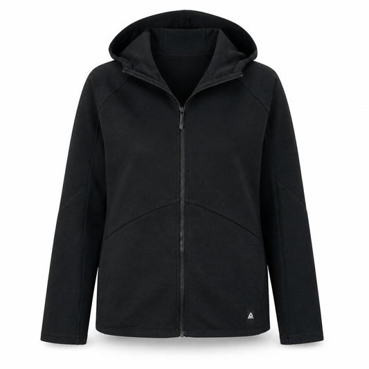 Front view of Reebok Women Black Full Zip Hoodie, size M, Speedwick Training Top