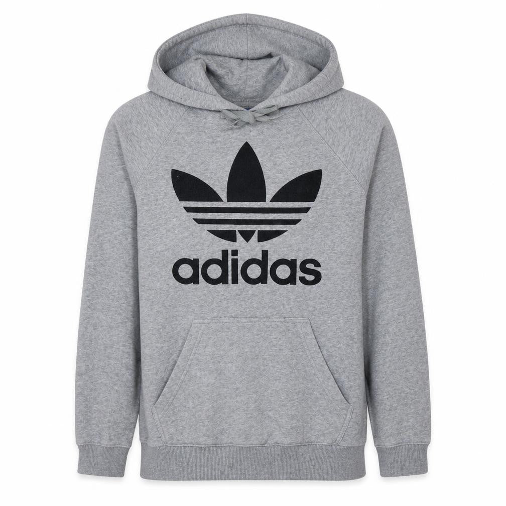 Front view of Adidas Men's Grey Pullover Hoodie Small Logo Sportswear