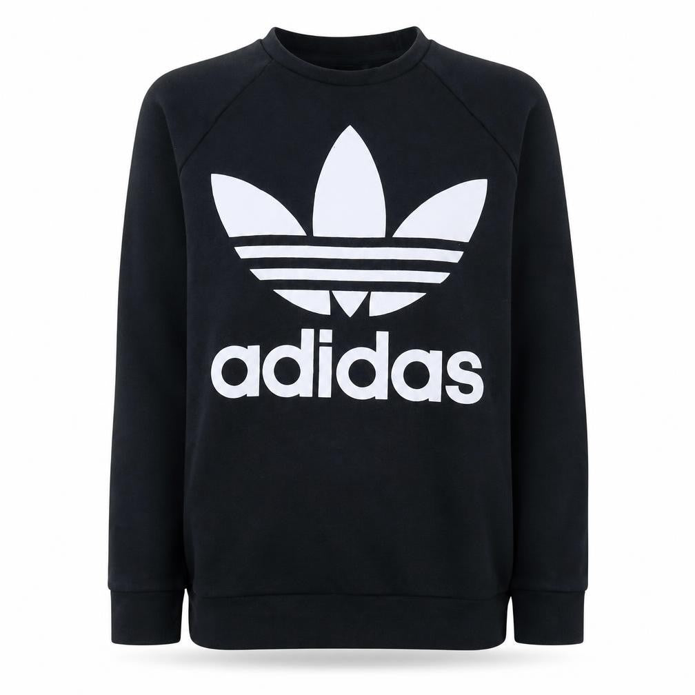 Front view of Adidas women’s black logo crew neck sweatshirt, size UK 12