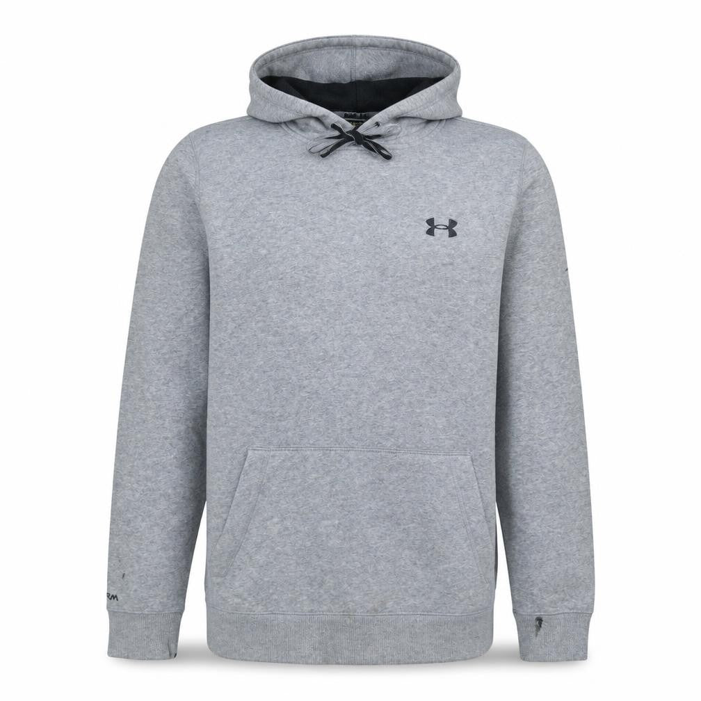 Front view of Under Armour men’s grey pullover hoodie, size S, sports fleece