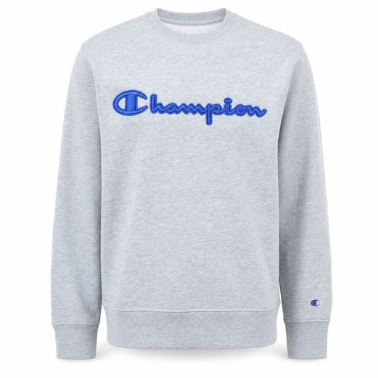 Front view of Champion men’s grey regular fit logo pullover sweatshirt, size S