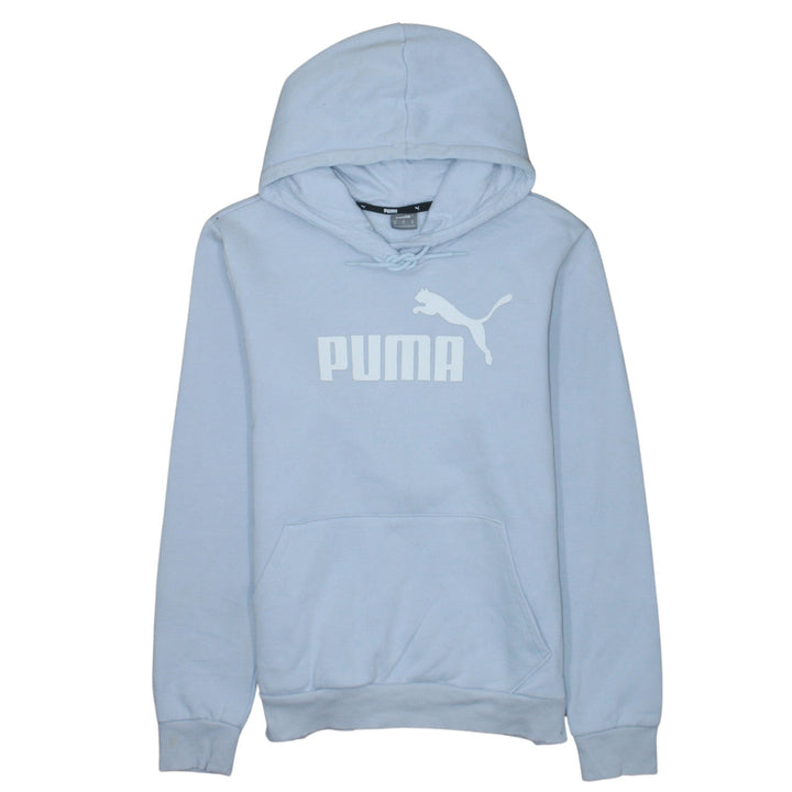 Puma Women Light Blue Pullover Hoodie M Logo Print Cotton Blend