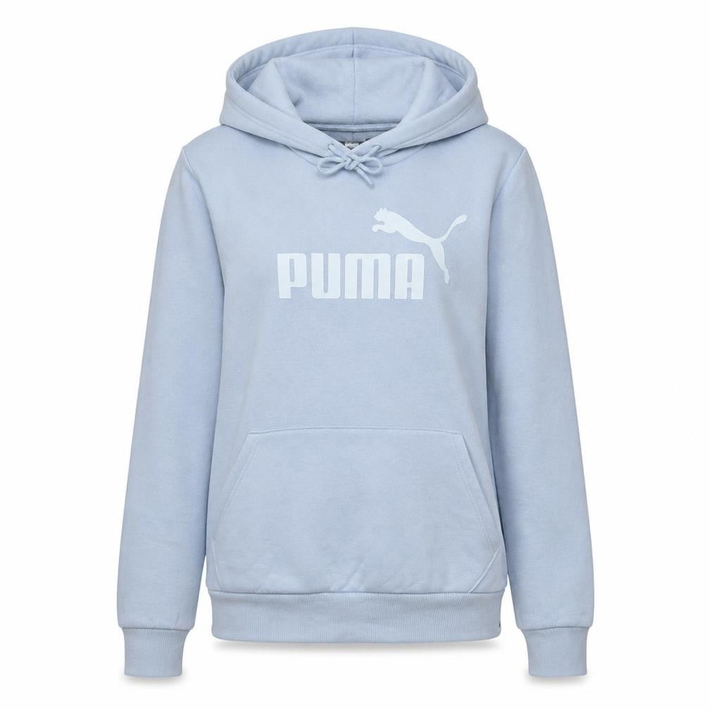 Front view of Puma Women Light Blue Pullover Hoodie M Logo Print Cotton Blend