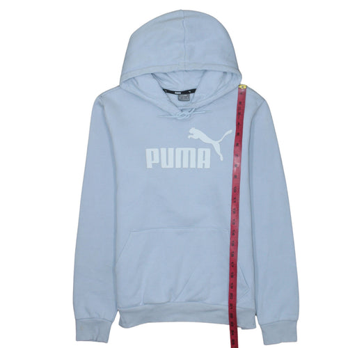 Puma Women Light Blue Pullover Hoodie M Logo Print Cotton Blend