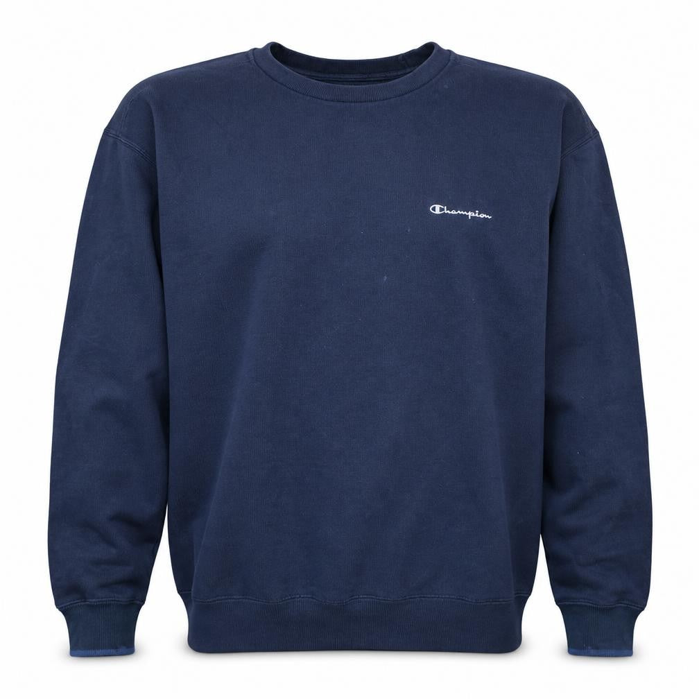 Front view of Champion men’s blue xl pullover sweatshirt crew neck fleece