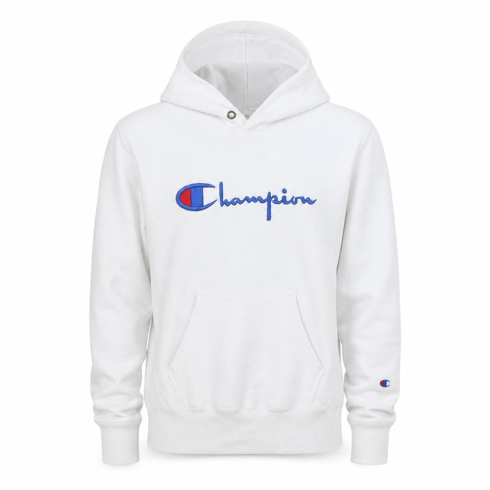 Front view of Champion Men's White Medium Pullover Hoodie with Embroidered Logo