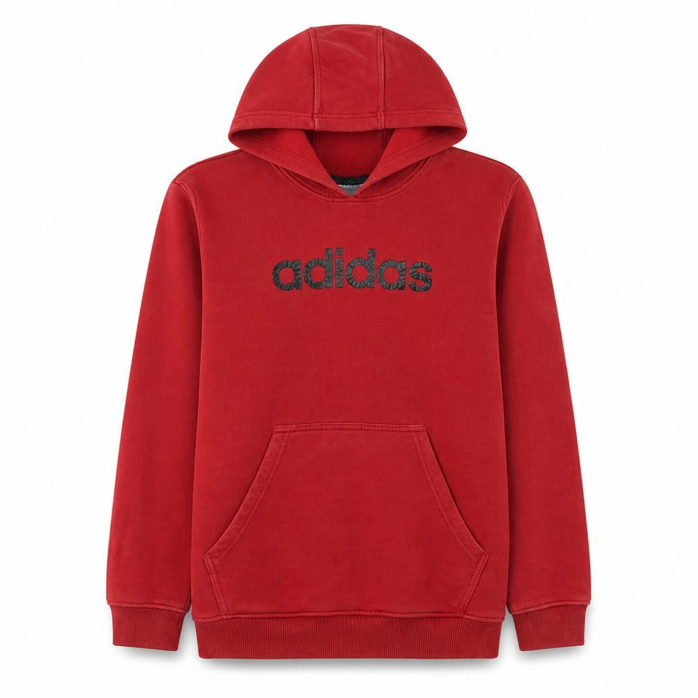 Front view of Adidas boys’ red pullover hoodie -, size 11-12, years, classic logo design