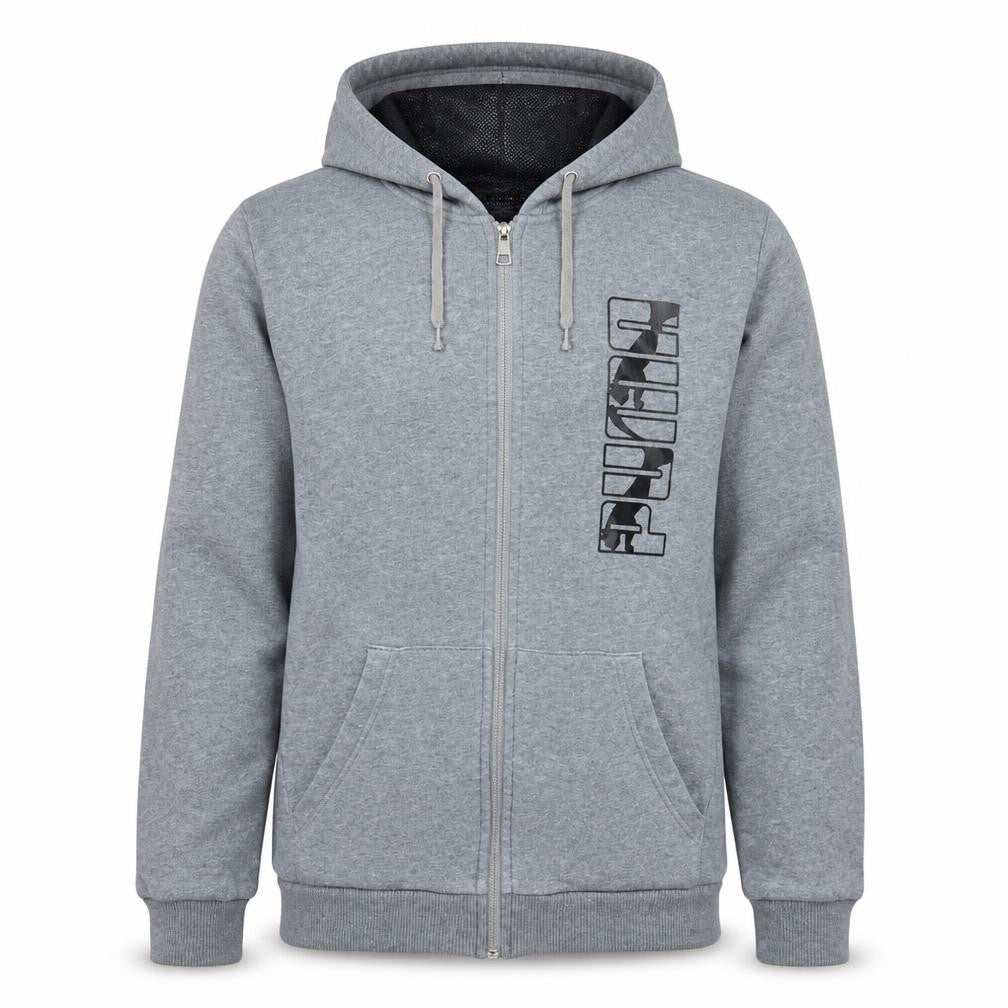 Front view of Puma Men's Grey Full Zip Hoodie, size M, Regular Fit