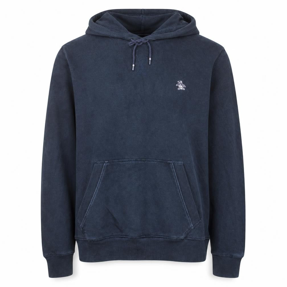 Front view of Original Penguin Men's Blue Pullover Hoodie, size M, Fleece Cotton Blend
