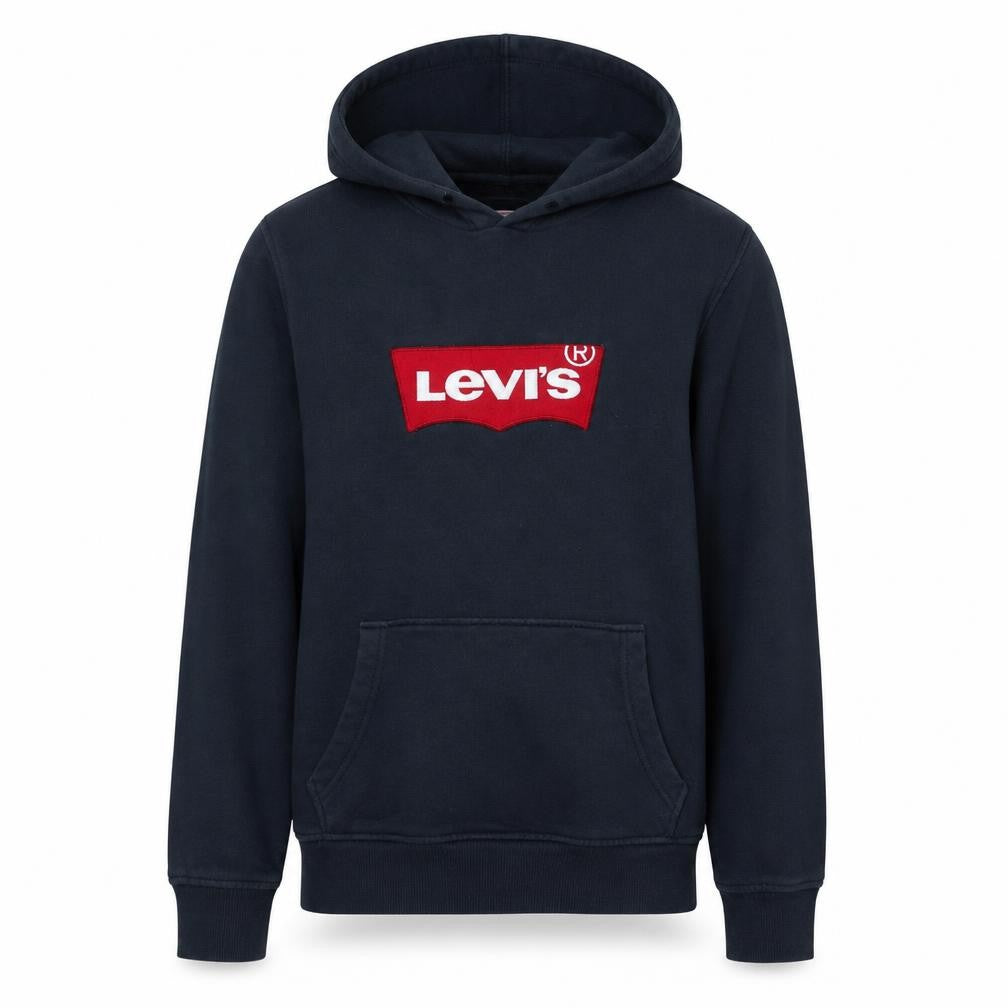Front view of Levi's Men's Blue Pullover Hoodie Small Logo Fleece Sweatshirt