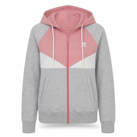 Front view of Adidas women’s grey pink full zip hoodie, size UK 8, colourblock hooded sweatshirt