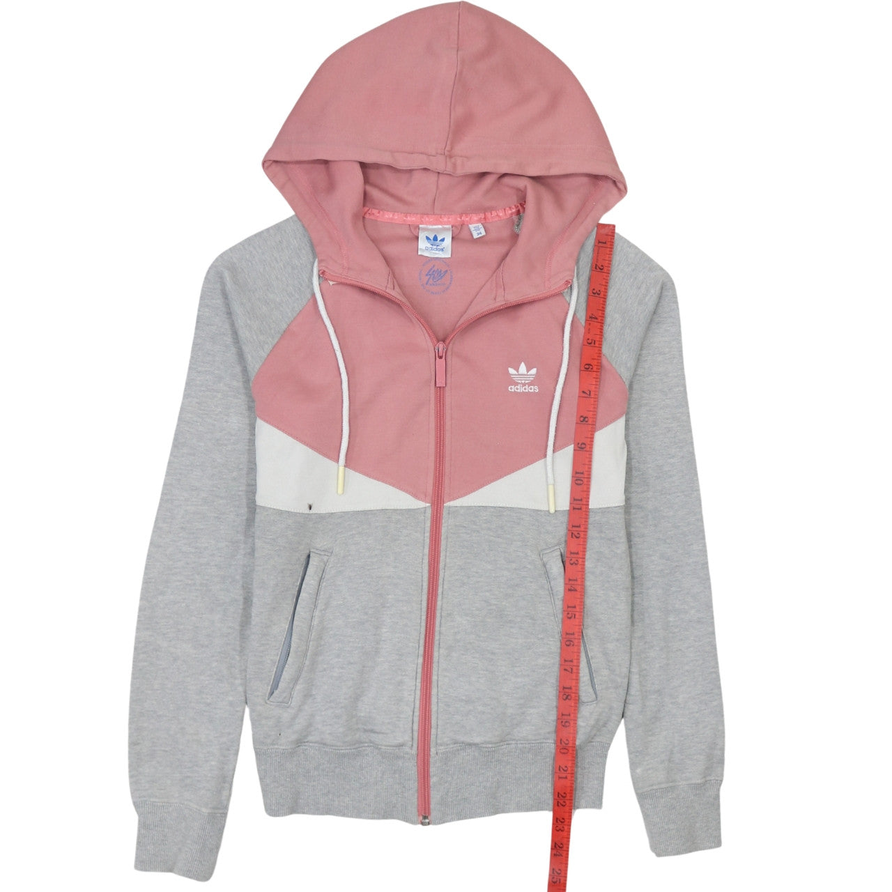 Adidas Womens Grey Pink Full Zip Hoodie Size 8 Colourblock Hooded Sweatshirt