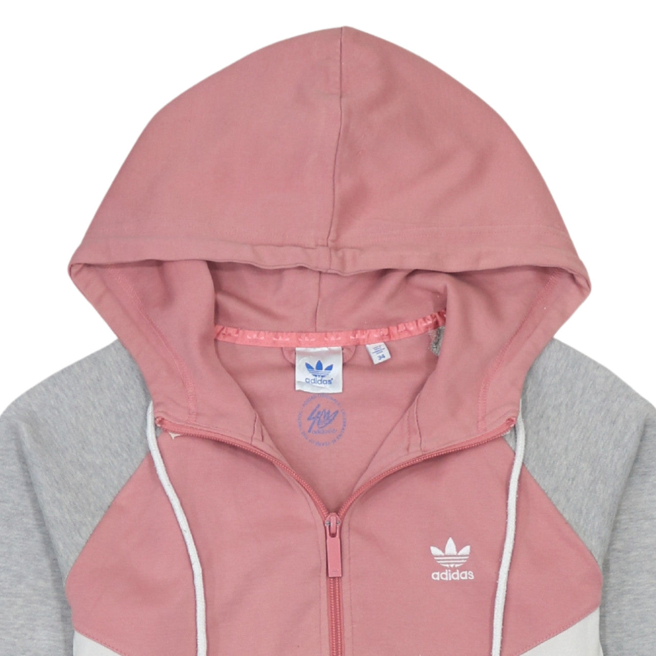 Adidas Womens Grey Pink Full Zip Hoodie Size 8 Colourblock Hooded Sweatshirt