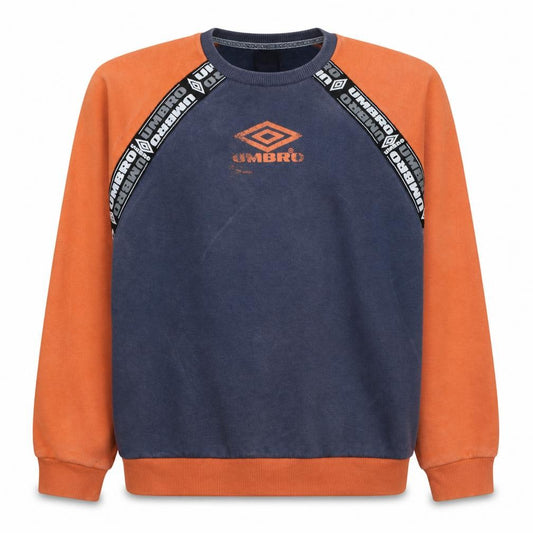 Front view of Umbro Men's Blue Orange Logo Crew Neck Sweatshirt, size S