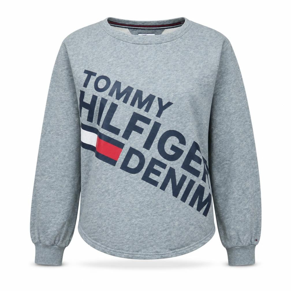 Front view of Tommy Hilfiger Denim Women's Grey Pullover Sweatshirt, size S