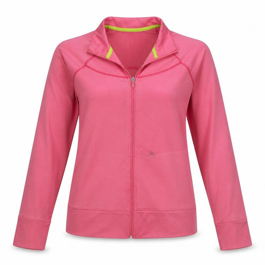 Front view of Under Armour women’s pink full zip sweatshirt, size L, semi-fitted