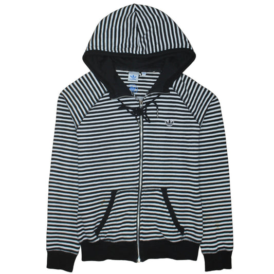 Adidas Women Black White Striped Full Zip Cotton Hoodie Size 12