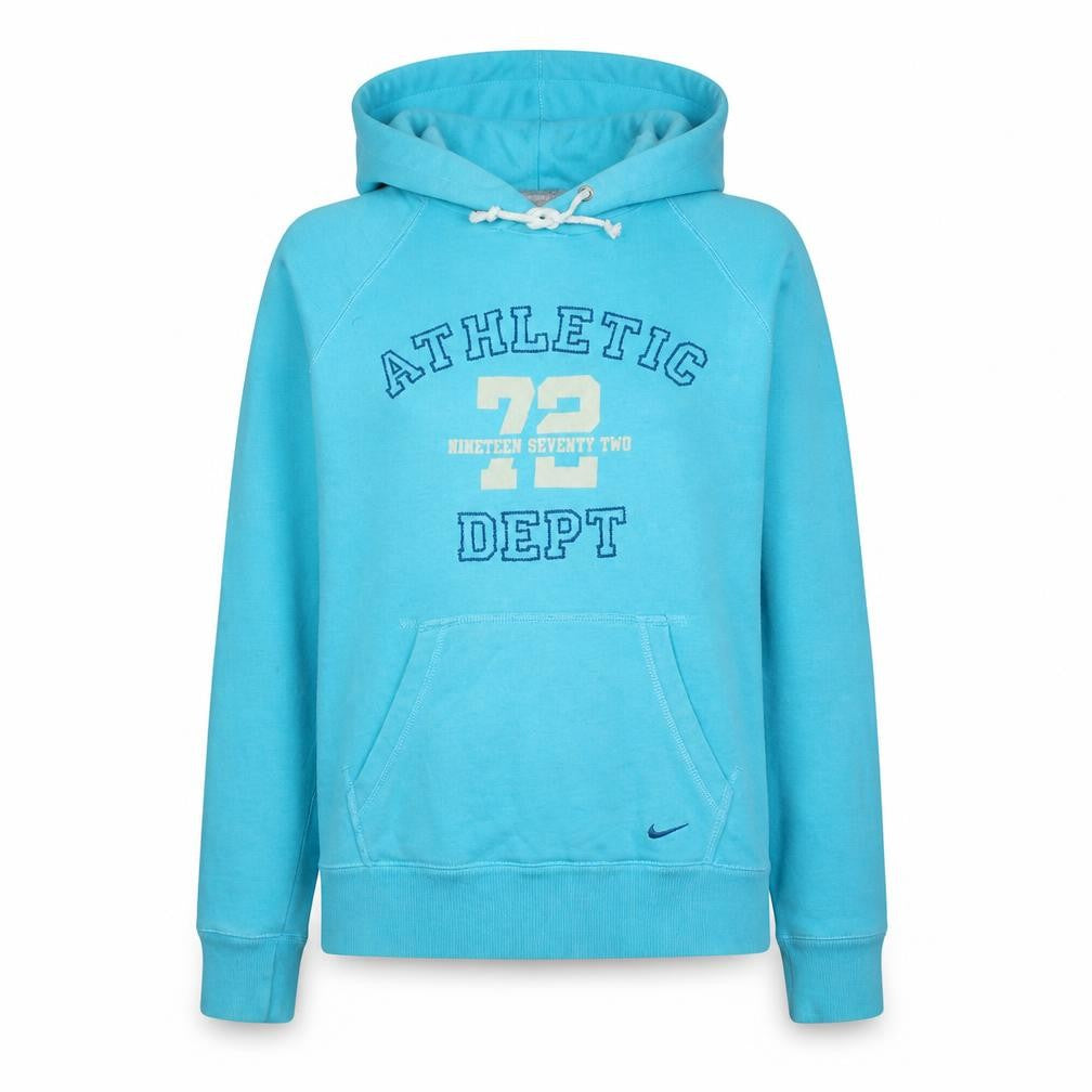 Front view of Nike Women's Blue Pullover Hoodie Athletic Dept Graphic, size M