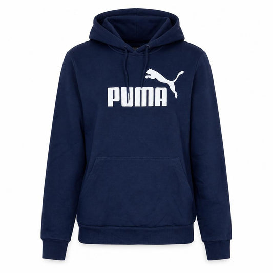 Front view of Puma Women's Blue Pullover Hoodie, size 10, Logo Print Fleece