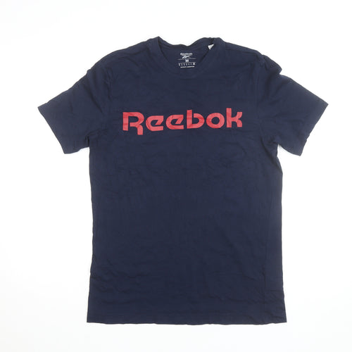 Reebok Men Blue Medium Logo Graphic Short Sleeve Cotton T-Shirt