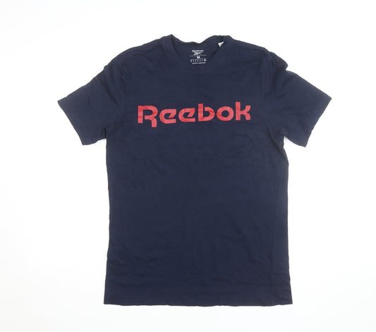 Reebok Men Blue Medium Logo Graphic Short Sleeve Cotton T-Shirt