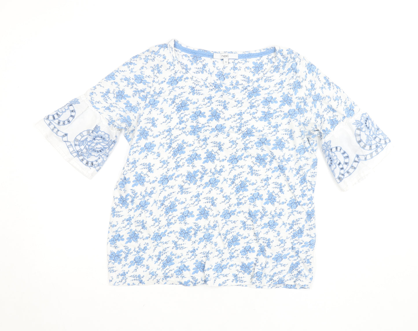 Next Women Blue Floral Cotton Embroidered Blouse Size 12