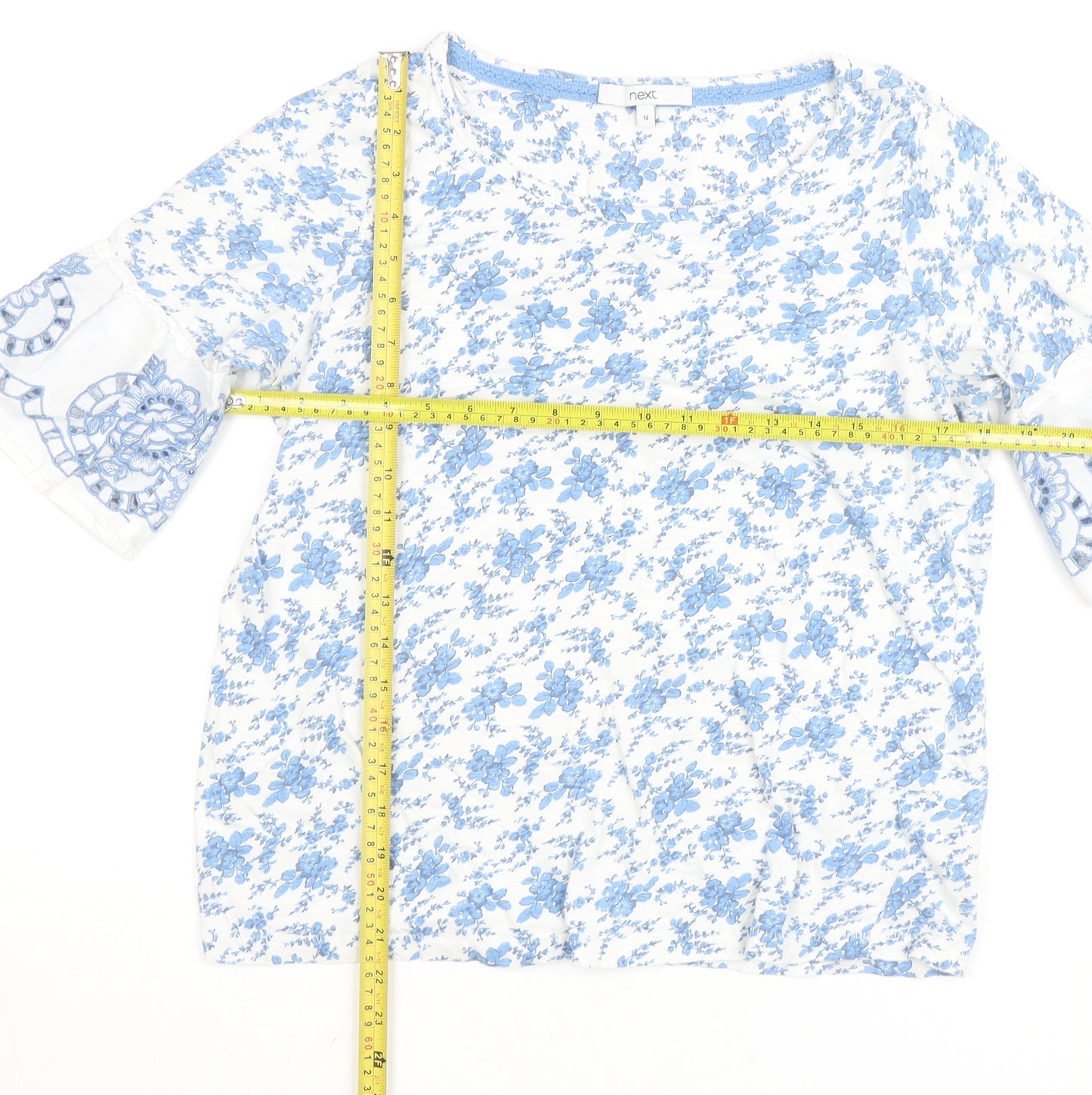 Next Women Blue Floral Cotton Embroidered Blouse Size 12