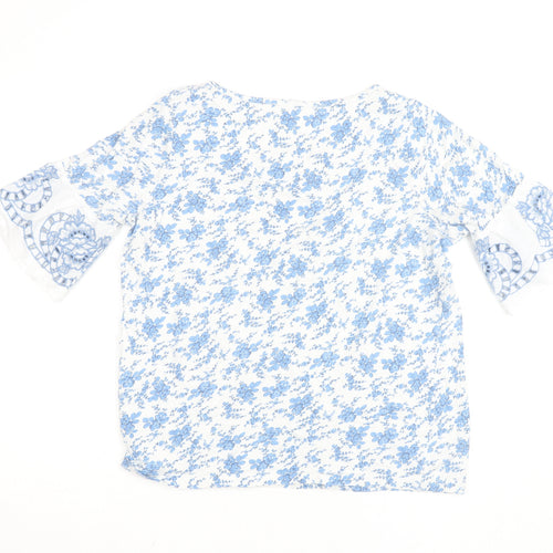 Next Women Blue Floral Cotton Embroidered Blouse Size 12